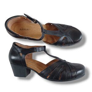 Array Womens Black Leather Comfort Dress Shoes T Strap Heels 2 Inch Size 11W